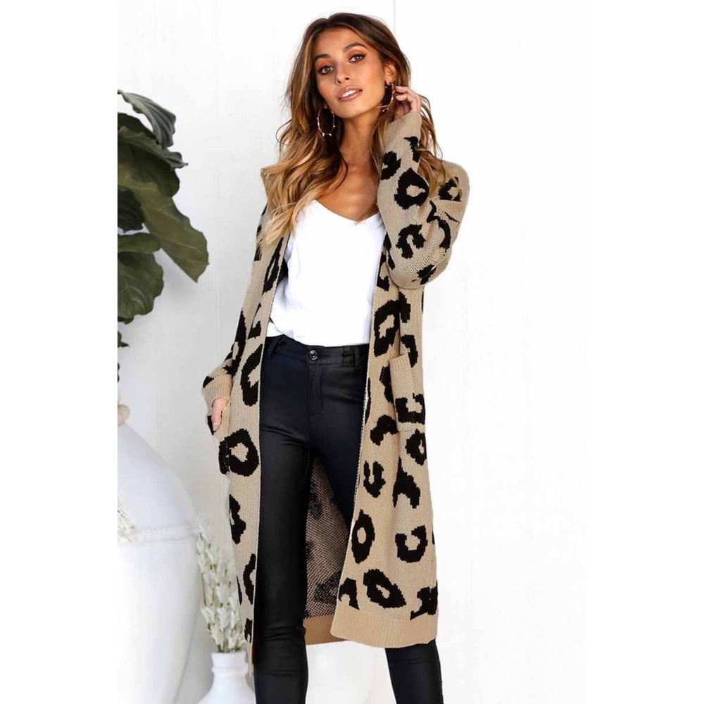 SOLD OUT Beige Leopard Open Cardigan W/ Pockets One Size - Picture 4 of 5